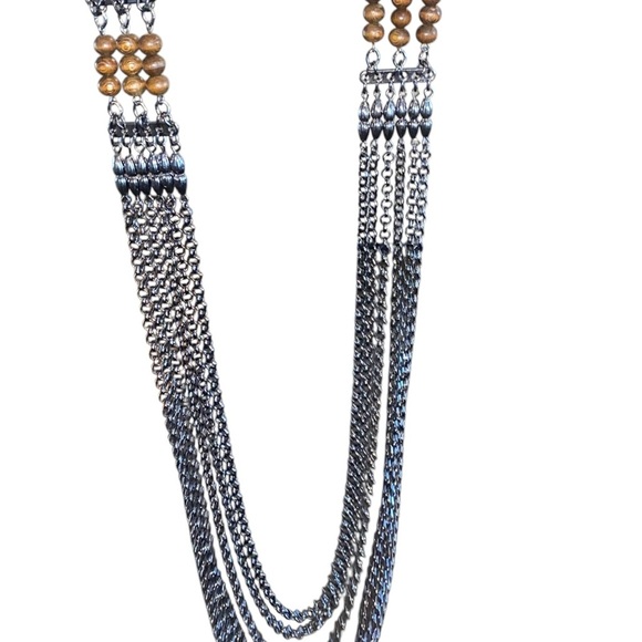 Boho style silver tone and wood bead long layered chain necklace - Picture 4 of 7